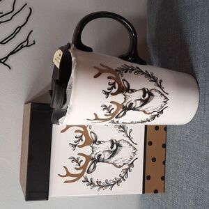Travel Latte Tea Coffee Mug Cup Lid  Deer Black Gold Highlights Ceramic
